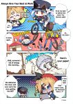  2girls :&gt; :d :o ^_^ absurdres accident arrow_(symbol) bicycle black_boots blazer blue_eyes blue_hair blue_hat blue_jacket blue_necktie boots braid broken_wall brown_hair buttons chibi chibi_only closed_eyes closed_mouth collared_shirt commentary copyright_notice crash crown_braid donna_(stella_sora) double-breasted english_commentary english_text flower freesia_(stella_sora) grey_skirt hair_flower hair_ornament hairclip hat highres holding holding_paper house index_fingers_together jacket long_hair miniskirt multicolored_hair multiple_girls necktie official_art open_mouth own_hands_together pantyhose paper parallel_hairclips pleated_skirt red_eyes red_hat red_shirt riding riding_bicycle shaded_face shirt side_ponytail skirt smile sound_effects speech_bubble stella_sora streaked_hair through_wall white_flower white_hair white_pantyhose 