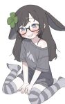  1girl animal_ears black_hair blue_eyes blush clover_hair_ornament commentary english_commentary full_body glasses grey_shirt grey_thighhighs hair_ornament highres indie_virtual_youtuber kiyomi_pyon-pyon long_hair paid_reward_available parted_lips possummachine rabbit_ears rabbit_girl shirt single_bare_shoulder sitting solo striped_clothes striped_thighhighs teeth thighhighs three-quarter_sleeves virtual_youtuber wariza 