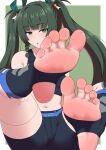  1girl :o bike_shorts black_shorts black_socks black_sports_bra border feet foot_focus green_background green_eyes green_hair hair_ornament highres jkisaradu long_hair open_mouth qingyi_(zenless_zone_zero) shorts socks soles solo sports_bra stirrup_legwear toeless_legwear toes twintails very_long_hair white_border zenless_zone_zero 