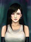  black_gloves black_hair blush earrings elbow_gloves female final_fantasy final_fantasy_vii gloves hagelockhart highres jewelry long_hair red_eyes solo suspenders tank_top tanktop tifa_lockhart 