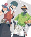  2boys apron artist_name belt belt_buckle billy_kid black_choker blue_eyes blue_hair bracelet buckle buttons choker closed_mouth collared_shirt commentary cup cyborg food green_shirt grey_apron hair_over_one_eye hally hand_on_own_hip hand_up holding holding_tray jewelry lighter_(zenless_zone_zero) lollipop_in_mouth looking_at_viewer male_focus multiple_boys necktie one_eye_covered orange_visor parted_bangs pinstripe_pattern pinstripe_shirt pinstripe_vest pizza red_vest shirt short_hair short_sleeves spiked_hair standing string_of_flags studded_bracelet sunglasses symbol-only_commentary tray twitter_username vest visor_cap waist_apron watermark white_apron white_belt white_hair white_necktie white_shirt wing_collar yellow_eyes zenless_zone_zero 