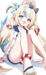  1girl :d absurdres animal_ear_fluff animal_ears blonde_hair blue_eyes blue_hair blue_nails cat_ears collar commentary dress fangs feet fins fish_girl fish_tail foot_out_of_frame frilled_dress frills hands_on_floor hashtag-only_commentary head_tilt highres indie_virtual_youtuber legs lifebuoy_hair_ornament long_hair looking_at_viewer low_twintails misyune multicolored_hair nail_polish on_floor one_side_up sameko_saba sandals simple_background sitting skin_fangs sleeveless sleeveless_dress smile solo streaked_hair tail toenail_polish toenails twintails very_long_hair virtual_youtuber white_background white_dress 