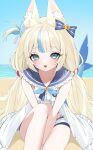  1girl absurdres animal_ear_fluff animal_ears beach blonde_hair blue_eyes blue_hair blue_sky breasts cat_ears dress fang fins fish_girl fish_tail highres indie_virtual_youtuber long_hair low_twintails multicolored_hair nemuaki ocean open_mouth outdoors sameko_saba sky sleeveless sleeveless_dress small_breasts smile solo streaked_hair tail twintails very_long_hair virtual_youtuber white_dress 