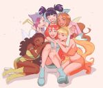  6+girls ahoge aisha_(winx_club) aqua_eyes aqua_shorts armlet arms_around_neck artist_name asian asymmetrical_hair asymmetrical_shirt bare_legs bare_shoulders blonde_hair bloom_(winx_club) blue_arm_warmers blue_boots blue_shirt blue_skirt blue_sleeves blue_wings blunt_bangs blunt_ends boots bracelet brown_eyes brown_hair chest_jewel closed_mouth commentary covered_collarbone dark-skinned_female dark_skin dress elbow_gloves english_commentary eyelashes fairy fairy_wings flora_(winx_club) freckles full_body gem glitter gloves green_boots green_gemstone green_hairband green_shirt green_skirt green_wings grin group_hug hair_between_eyes hair_tubes hairband hand_on_another&#039;s_arm happy headphones high_heel_boots high_heels highres hood hood_up hooded_leotard hug jewelry kneeling knees leotard light_blush lipstick long_hair looking_at_viewer magical_girl makeup midriff miniskirt multiple_girls musa_(winx_club) navel o-ring one_eye_closed open_mouth orange_boots orange_hair orange_shirt orange_shorts pink_dress pink_gloves pink_hair pink_lips pointing pointing_up purple_hair purple_leotard shadow sharpteething shirt short_hair short_shorts short_twintails shorts shorts_under_skirt simple_background single_strap sitting skirt skirt_set smile sparkle stella_(winx_club) tecna_(winx_club) teeth thick_eyebrows turtleneck turtleneck_shirt twintails v very_dark_skin very_long_hair wavy_hair white_background wings winx_club yellow_gemstone 