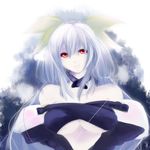  bad_id bad_pixiv_id bare_shoulders blue_hair bow breasts dizzy guilty_gear hair_bow kamashy large_breasts long_hair looking_at_viewer no_wings red_eyes smile solo twintails underboob 