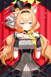  1girl animal_ear_fluff animal_ears black_choker black_headband black_overskirt blue_archive blue_eyes blush bow bow_choker cat_ears cat_girl center_frills choker confetti dress earrings extra_ears flower flower_hat fluffy_hair four-finger_heart_hands frilled_choker frills grey_dress grey_feathers halo hat hat_flower headband heart heart_hands highres idol idol_clothes jewelry long_hair looking_at_viewer low_twintails mari_(blue_archive) mari_(idol)_(blue_archive) melreon mini_hat mini_top_hat official_alternate_costume official_alternate_hairstyle orange_hair rose single_ear_down smile solo spotlight top_hat twintails wrist_wrap yellow_bow yellow_flower yellow_halo yellow_rose 