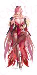  1girl alternate_breast_size alternate_costume bare_shoulders black_pantyhose blonde_hair body_markings breasts changli_(wuthering_waves) chinese_commentary closed_mouth colored_inner_hair commentary_request dress fingernails full_body hair_between_eyes hair_extensions hair_ornament hand_up holding huge_breasts leg_up long_hair looking_at_viewer mole mole_on_breast multicolored_hair nail_polish on_stool pantyhose pelvic_curtain pink_hair red_dress red_nails ring_hair_extensions shoes sitting skindentation smile solo tacet_mark_(wuthering_waves) thighband_pantyhose tsuki_no_i-min white_shoes wuthering_waves yellow_eyes 