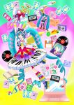  1girl absurdly_detailed_composition absurdres aqua_eyes aqua_hair black_shoes book bow brooch cassette_tape cd colorful commentary_request computer controller cute_x_subculture_hatsune_miku_design_contest cyber_fashion digital_camera digital_media_player dress fashion figure floppy_disk food fur_leg_warmers game_controller hair_bow hatsune_miku headphones heart heisei heisei_retro highres holding holding_wand ice_cream ice_cream_float instrument ipod ipod_nano ipod_nano_4g jewelry laptop leg_warmers long_hair minidisc musical_note omelet padora9 piano puffy_short_sleeves puffy_sleeves purple_socks radio shoes short_sleeves socks solo sticker trading_card treble_clef twintails very_long_hair vinyl_record vocaloid wand winged_headphones yu-gi-oh! 