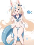  1girl absurdres ahoge animal_ear_fluff animal_ears bikini blue_bikini blush breasts cat_ears dress fins fish_girl fish_tail highres indie_virtual_youtuber long_hair looking_at_viewer low_twintails navel one_side_up open_mouth sameko_saba sand_bucket sleeveless sleeveless_dress small_breasts smile solo swimsuit tail twintails vanillafox2035 very_long_hair virtual_youtuber white_dress 