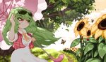  1girl absurdres artist_name ascot blush bug butterfly closed_mouth cloud esculd eyewear_on_head field flower flower_field green_hair highres holding holding_umbrella kazami_yuuka long_hair outdoors parasol pixel_art plaid_clothes plaid_vest red_eyes red_vest short_sleeves sky solo sunflower sunglasses touhou tree umbrella vest yellow_ascot 