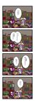  4koma black_wings book bookshelf chibi comic crescent dora_ita hat head_wings highres koakuma long_hair multiple_girls necktie patchouli_knowledge purple_hair red_hair shaded_face shelf sweatdrop touhou translated wings 