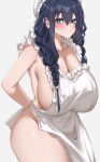  1girl apron black_hair blue_eyes blush braid breasts cleavage closed_mouth collarbone eyelashes grey_background hair_ribbon hat highres hololive hololive_english huge_breasts long_hair naked_apron ouro_kronii ouro_kronii_(maid) ribbon solo twin_braids virtual_youtuber white_apron white_hat white_ribbon yobi_(ybpac18) 