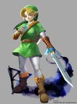  blonde_hair blue_eyes hat holding holding_sword holding_weapon instrument left-handed link male_focus master_sword muse_(rainforest) ocarina pointy_ears solo sword the_legend_of_zelda weapon 