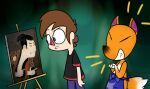 2019 3_fingers animal_crossing animated anthro apron apron_only black_clothing black_shirt black_t-shirt black_topwear blue_apron blue_bottomwear blue_clothing blue_pants bottomwear brown_eyes brown_hair canid canine closed_frown clothed clothed_anthro clothed_human clothed_male clothing cookieboy011 crazy_redd digital_media_(artwork) dipstick_tail duo easel english_description eyebrow_through_hair eyebrows eyes_closed fingers fluffy fluffy_tail fox frown frowning_at_another fully_clothed fully_clothed_human fully_clothed_male fur green_curtains hair hands_together human larger_human larger_male laugh looking_at_another looking_back looking_back_at_another male male_anthro male_human mammal markings mouth_closed multicolored_body multicolored_fur nintendo no_pupils nodding orange_body orange_fur otani_oniji_iii_in_the_role_of_the_servant_edobei_(artwork) painting_(object) pants purple_inner_ear red_nose shirt short_hair size_difference smaller_anthro smaller_male standing story story_in_description suspicion t-shirt tail tail_markings tan_body tan_skin thin_eyebrows toothy_grin topless topless_anthro topless_male topwear translucent translucent_hair triangle_nose two_tone_body two_tone_fur two_tone_tail villager_(animal_crossing) white_tail_tip
