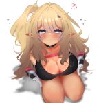  1girl ? ?? absurdres alternate_eye_color alternate_hair_color black_choker black_sports_bra blonde_hair blue_eyes blurry blush breasts chest_strap choker cleavage closed_mouth crescent crescent_hair_ornament eepy_sleepy eepy_sleepy_(sleepy_2.0) elf flying_sweatdrops geode_consumer hair_ornament highres kneeling long_hair phase_connect pointy_ears solo sports_bra star_(symbol) star_choker sweat tan virtual_youtuber 