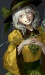  1girl green_eyes grey_hair hands_on_own_chest hat hatena_(nazequestion) highres komeiji_koishi looking_at_viewer medium_hair own_hands_together skirt smile solo teeth third_eye touhou upper_body wide-eyed 
