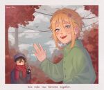  2boys basil_(faraway)_(omori) basil_(omori) black_coat black_eyes black_gloves black_hair blonde_hair blue_eyes bluesky_username blush coat day english_text fingerless_gloves flower gloves green_coat hair_flower hair_ornament highres lips long_sleeves looking_at_viewer male_focus mel_(melmellie) multiple_boys omori open_mouth outdoors red_scarf scarf signature smile spoilers sunny_(omori) teeth tree twitter_username upper_teeth_only 