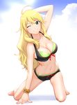  abs ahoge arm_support arm_up barefoot bikini blonde_hair bracelet breasts cleavage front-tie_top green_eyes hand_behind_head hoshii_miki idolmaster idolmaster_(classic) jewelry kneeling large_breasts long_hair navel one_eye_closed scrunchie smile solo sun swimsuit ueyama_michirou wristband 
