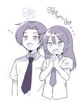  1boy 1girl :d :o blush breast_pocket brother_and_sister collared_shirt curtained_hair dress_shirt furrowed_brow futsuu_no_keion-bu hair_between_eyes hands_up highres kameya_kazushi kameya_san long_hair mole mole_on_cheek mole_under_eye mole_under_mouth monochrome necktie osada_sushi own_hands_together pocket purple_theme school_uniform shirt short_hair siblings simple_background smile summer_uniform tearing_up turtle twins twinx upper_body white_background 