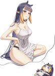  1girl absurdres alternate_breast_size alternate_costume bare_arms black_panties blunt_bangs breasts chibi cleavage closed_mouth commentary dress english_commentary frilled_dress frills gradient_hair hand_on_own_hip highres hololive hololive_english lace-trimmed_panties lace_trim large_breasts long_hair looking_at_viewer lying mole mole_under_eye multicolored_hair ninomae_ina&#039;nis orange_hair panties panty_peek pointy_ears purple_hair samukzz sidelocks simple_background sitting sleeveless sleeveless_dress smile speech_bubble tentacle_hair thought_bubble underwear very_long_hair virtual_youtuber white_background white_dress 