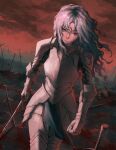  1girl absurdres armor arrow_(projectile) arrow_in_body battlefield blood blood_on_weapon closed_mouth cloud cloudy_sky corpse expressionless floating_hair gauntlets grey_hair hair_between_eyes highres holding holding_sword holding_weapon long_hair original red_eyes red_sky sky solo sword tyrezal weapon 