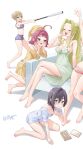  5girls :t artist_name babydoll baseball_bat blonde_hair blue_eyes blue_shirt brown_hair bygin closed_eyes eating green_babydoll green_nightgown haraga_kurumi highres holding holding_baseball_bat kimi_no_koto_ga_dai_dai_dai_dai_daisuki_na_100-nin_no_kanojo metal_baseball_bat multiple_girls navel open_mouth pout purple_eyes purple_hair purple_shorts purple_sports_bra shirt short_sleeves shorts sitting sports_bra standing stomach sutou_iku tongue utsukushisugi_mimimi watermark yakuzen_kusuri yawning 