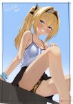  1girl :d alternate_costume alternate_hairstyle animal_print arm_at_side backlighting bare_shoulders black_bow black_hairband black_skirt blonde_hair blue_background blue_eyes blue_nails blush border bow bracelet breasts cameltoe camisole chitose_sana collarbone commentary feet_out_of_frame film_grain from_below grin gyaru hair_between_eyes hair_bow hair_intakes hairband hand_on_own_knee hand_up happy highres jewelry knee_up leopard_print leopard_print_panties long_hair looking_at_viewer miniskirt nail_polish panties pleated_skirt ponytail sidelocks simple_background sitting skirt small_breasts smile solo spaghetti_strap tenshinranman tft_(tft7822) translated underwear white_border white_camisole yellow_panties 