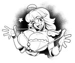  1girl ace_attorney breasts cleavage clown geiru_toneido greyscale groove1121 happy highres large_breasts looking_at_viewer monochrome one_eye_closed open_hands open_mouth simple_background suspenders suspenders_pull upper_body 