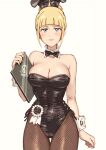  1girl animal_ear_hairband animal_ears badge black_bow black_bowtie black_leotard black_pantyhose blonde_hair blue_eyes blunt_bangs book bow bowtie breasts cecilia_irene cleavage commentary_request detached_collar fake_animal_ears fishnet_pantyhose fishnets gundam gundam_gquuuuuux hairband large_breasts leotard maguta pantyhose playboy_bunny rabbit_ears rabbit_tail side-tie_leotard sidelocks smile solo strapless strapless_leotard tail wrist_cuffs 