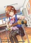  1girl anno_akira black_pantyhose black_skirt blue_vest bow bowtie brown_hair bug butterfly ceiling_light chair classroom closed_mouth copyright_notice desk dragon_musume_ni_naritakunai! duel_masters dutch_angle fluorescent_lamp green_eyes guitar hair_ornament holding holding_guitar holding_instrument i-la indoors instrument locker long_sleeves medium_hair official_art on_chair pantyhose plaid_clothes plaid_skirt red_bow red_bowtie school_chair school_desk shirt short_hair sitting skirt sleeves_pushed_up smile solo vest white_shirt window 