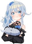  :t arms_under_breasts bare_shoulders black_dress black_straps blue_eyes blue_flower blue_hair blue_rose blue_scrunchie blush breasts cropped_torso crossed_arms dress flower grey_dress hair_between_eyes inaka_keikou lace large_breasts layered_dress nijisanji open_clothes pleated_dress pout puffy_sleeves rose scrunchie side_ponytail strap striped_clothes striped_dress vertical-striped_clothes vertical-striped_dress virtual_youtuber white_background yukishiro_mahiro yukishiro_mahiro_(3rd_costume) 
