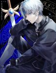  1boy armor artist_name birthday black_cape black_gloves black_pants black_shirt blue_eyes blue_headband cape commentary elbow_on_knee elbow_rest fingerless_gloves gloves greaves happy_birthday head_rest headband kuroda_(kuro_yyy) long_sleeves looking_to_the_side magic_circle magic_circle_background male_focus pants parted_lips planted planted_sword puyopuyo sabaton schezo_wegey shirt short_hair sideways_glance signature sitting sleeves_past_wrists solo sword weapon 