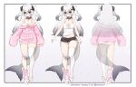  1girl absurdres bandaid bandaid_on_knee bandaid_on_leg black_shorts breasts camisole cleavage collar fins fish_tail full_body glasses hair_ornament hairclip highres indie_virtual_youtuber jacket legs long_hair midriff multiple_views navel off_shoulder pink_jacket pink_socks ribbon short_shorts shorts single_sock single_thighhigh sleeves_past_wrists slippers snoozy_(vtuber) socks standing tail thighhighs thighs two_side_up virtual_youtuber white_camisole white_hair white_slippers white_thighhighs yuzureei 