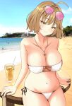  1girl ahoge anis_(nikke) anis_(sparkling_summer)_(nikke) beach bikini blue_sky breasts brown_hair commentary covered_nipples eyepatch_bikini eyewear_on_head foguma goddess_of_victory:_nikke highres jewelry large_breasts looking_at_viewer navel necklace ocean official_alternate_costume outdoors short_hair side-tie_bikini_bottom sky solo stomach sunglasses swimsuit thighs tropical_drink white_bikini yellow_eyes 
