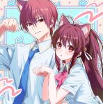 1boy 1girl ahoge animal_ear_fluff animal_ears aqua_background bell blue_necktie blush bow bowtie brother_and_sister brown_hair cat_boy cat_ears cat_girl collared_shirt commentary_request eyelashes eyes_visible_through_hair grin hair_bell hair_between_eyes hair_ornament hair_ribbon hand_up hands_up jingle_bell kemonomimi_mode little_busters! little_busters!_school_uniform long_hair looking_at_viewer miiizuno_lbs natsume_kyousuke natsume_rin necktie open_mouth outline paw_pose pink_bow pink_bowtie ponytail red_eyes ribbon school_uniform shirt short_hair siblings sidelocks simple_background smile summer_uniform tareme tsurime upper_body very_long_hair white_outline white_ribbon white_shirt 
