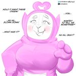 anthro blush clothing dialogue female fur gesture gift hand_gesture headgear headwear hi_res humanoid kronodume looking_up pink_body sketch slendytubbies slightly_chubby slightly_chubby_female solo talking_to_another teletubbies