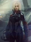  1girl absurdres belt black_bodysuit blonde_hair blue_eyes bodysuit breasts caldari_state_(eve_online) closed_mouth commentary cowboy_shot eve:_valkyrie eve_online flight_suit gloves grey_background grey_theme helmet highres holding holding_helmet holding_unworn_helmet lips looking_at_viewer medium_breasts medium_hair nose pilot pilot_helmet ran_kavik_(eve:_valkyrie) realistic science_fiction second-party_source solo standing unworn_headwear unworn_helmet 