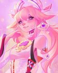 1girl animal_ears bare_shoulders black_sash bright_pupils chibimica closed_mouth commentary detached_sleeves earrings english_commentary eyelashes gem genshin_impact gold_earrings hair_between_eyes hand_up happy heart heart-shaped_pupils highres japanese_clothes jewelry light_blush light_particles lips long_hair long_sleeves nail_polish obi pink_hair pink_lips pink_theme purple_background purple_eyes purple_gemstone ribbon_trim sash shirt signature single_earring sleeveless sleeveless_shirt smile solo symbol-shaped_pupils tabard turtleneck turtleneck_shirt upper_body very_long_hair vision_(genshin_impact) white_nails white_pupils white_shirt white_sleeves white_tabard wide_sleeves yae_miko 