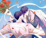  2boys absurdres black_eyes black_hair black_sleeves blue_background bouquet coat collared_shirt falling_petals flower hand_on_another&#039;s_face hand_on_another&#039;s_waist hand_on_another&#039;s_wrist highres implied_yaoi jacket jacket_on_shoulders kim_dokja lens_flare looking_at_another male_focus multiple_boys necktie omniscient_reader&#039;s_viewpoint open_mouth petals raya_(000_unseen) reaching reaching_towards_another red_flower red_rose ribbon rose shirt short_hair suit tuxedo upper_body white_coat white_necktie white_ribbon white_shirt white_suit yoo_joonghyuk 