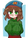  1girl :3 aqua_hat arms_behind_back bandaid bandaid_on_face bandaid_on_nose beret blue_background blush border breasts brown_hair commentary communism freckles green_eyes green_sweater hat hat_pin hatching_(texture) highres jaggy_lines kasia_(peripeteia) large_breasts linear_hatching looking_at_viewer medium_hair outside_border peripeteia pleated_skirt red_flag red_skirt russian_text skirt slit_pupils solo soviet sweater turtleneck turtleneck_sweater two-tone_background upper_body vinni_puh vladimir_lenin white_border 