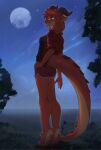 bottomwear clothed clothing facial_horn female flannel fully_clothed hi_res horn humanoid kobold looking_back moon night nose_horn scales scalie scaly_tail scenery sevesiya shorts solo tail
