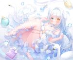  1girl ankle_lace-up bare_shoulders bird blue_eyes blue_nails blush bottle breasts choker commentary detached_sleeves dress fake_head_wings falling flats frilled_choker frilled_dress frills full_body heterochromia looking_at_viewer medium_breasts nail_polish omochi_monaka original pendant_choker perfume_bottle ribbon shoes short_sleeves solo strapless strapless_dress swan thigh_strap tiara tile_wall tiles twitter_username water_drop white_choker white_dress white_hair white_ribbon white_shoes white_sleeves yellow_eyes 