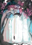  3girls :| blue_kimono blush branch cherry_blossoms closed_mouth dual_persona flower hair_between_eyes hat highres japanese_clothes kimono konpaku_youmu light_smile long_hair long_sleeves looking_at_viewer lying mob_cap multiple_girls noose on_stomach pink_eyes pink_hair saigyouji_yuyuko saigyouji_yuyuko_(living) string string_of_fate suicide touhou tree triangular_headpiece veil wavy_hair xian_qishui 