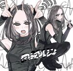  1girl animification antennae armpits arms_up bare_shoulders belt black_belt black_boots black_eyes black_gloves black_hair black_pants blush boots breasts bridal_gauntlets character_name closed_mouth english_commentary fingerless_gloves full_body gloves grey_shirt guardians_of_the_galaxy hand_on_own_face hands_up highres looking_at_viewer mantis_(marvel) marvel marvel_cinematic_universe medium_breasts multiple_views nahnohk open_mouth pants shirt short_hair simple_background sleeveless sleeveless_shirt squatting teeth upper_body v-shaped_eyebrows white_background wi-fi_symbol 