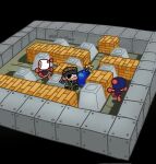  3boys beard big_boss black_bomberman black_headband blue_eyes boioibozo bomb bomberman brown_hair camouflage chibi closed_mouth crossover english_commentary explosive eyepatch facial_hair headband highres imminent_death isometric male_focus maze metal_gear_(series) metal_gear_solid_3:_snake_eater multiple_boys robot running short_hair trapped twitter_username white_bomberman 