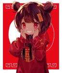  1girl artist_name black_hair black_shirt bow chinese_clothes commentary double_bun flower_knot grin hair_bun hair_ornament hairclip hands_on_own_cheeks hands_on_own_face highres hood hood_down hoodie jiangshi kuroda_(kuro_yyy) long_sleeves mandarin_collar ofuda ofuda_on_head original red_eyes red_hoodie rei_(kuroda_(kuro_yyy)) shirt short_hair simple_background sleeves_past_wrists smile solo standing tassel upper_body x_hair_ornament yellow_bow 