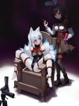  2girls amadeus_frost animal_ear_fluff animal_ears arms_behind_back bare_shoulders bdsm black_choker black_leotard black_pantyhose blue_eyes blue_hair bondage boots bound breast_bondage breasts brown_hair chair choker covered_navel crotch_rope fox_ears fox_tail frilled_skirt frills gag gagged high-waist_skirt holding holding_syringe improvised_gag leotard long_hair looking_at_another medium_hair multicolored_hair multiple_girls on_chair original pantyhose rabbit_ears red_eyes restrained separated_legs sex_toy shibari shirt skin_tight skirt small_breasts streaked_hair syringe tail tape tape_gag turtleneck turtleneck_leotard unworn_boots very_long_hair vibrator white_hair white_pantyhose white_shirt 