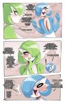 blue_body blush dialogue duo exclamation_point eyebrows eyelashes female gardevoir generation_3_pokemon hi_res hollow_eyes humanoid multicolored_body nintendo open_mouth open_smile pokemon pokemon_(species) question_mark red_body saltyxodium smile standing teeth tongue white_body