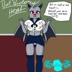 anthro aroused bat battie_(dfk) big_breasts blush breasts classroom clothing female fur grey_body grey_fur hi_res mammal panties red_eyes school school_uniform smile smiling_at_viewer solo speech_bubble student text thedarkfuryknight thick_thighs translucent translucent_clothing underwear uniform wet wet_clothing wet_underwear wings