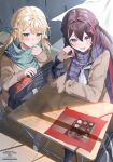  2girls absurdres alternate_costume alternate_hairstyle azki_(hololive) bag black_pantyhose black_shirt blonde_hair blush box box_of_chocolates braid breasts brown_cardigan brown_coat brown_hair candy cardigan chocolate chopsticks classroom coat colored_inner_hair commentary curtains day desk double-parted_bangs feet_out_of_frame flower food getabako green_eyes green_scarf hair_between_eyes hair_flower hair_intakes hair_ornament half_up_braid half_updo heart heart-shaped_box heart-shaped_chocolate heart-shaped_food highres holding holding_chopsticks hololive indoors kakeru_(kakekaker001) kazama_iroha long_hair long_sleeves looking_at_viewer low_twintails medium_breasts medium_hair mole mole_under_eye multicolored_hair multiple_girls neckerchief open_mouth pantyhose parted_lips pink_hair plaid_clothes plaid_scarf purple_eyes purple_scarf scarf school_bag school_desk shirt sitting sleeves_past_wrists smile streaked_hair sunlight tile_floor tiles twintails twitter_username valentine virtual_youtuber watermark white_hair white_neckerchief 